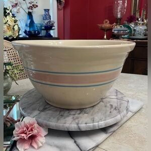 Vintage McCoy Ovenware #12 Bowl Pink Blue Stripe USA Stoneware 12”x 6-1/8”